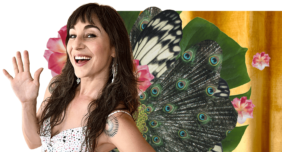 Amber magical collage with butterfly peacock wings waving HELLO